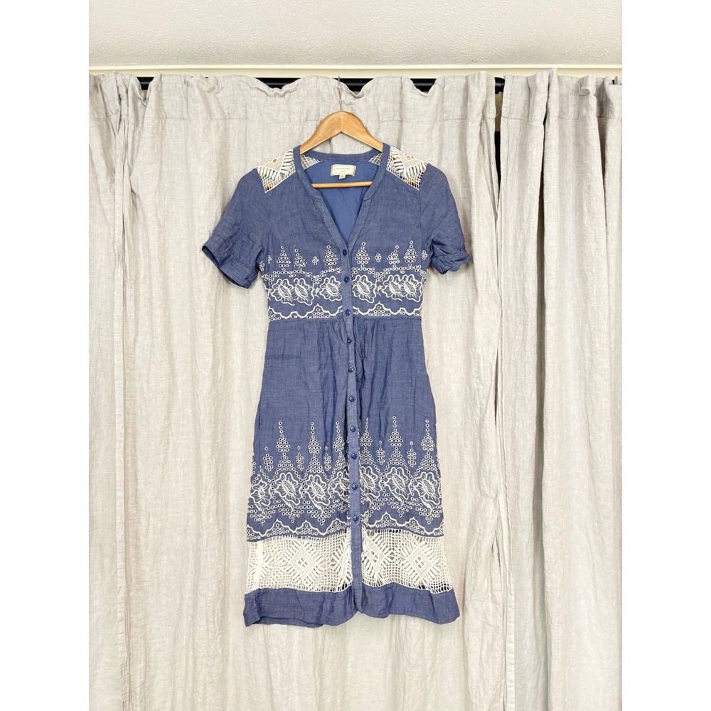 Moulinette Soeurs Blue Midi Dress with White Embroidery